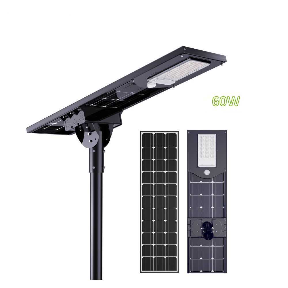 Capteur de mouvement rechargeable alimenté par panneau bifacial extérieur tout-en-un prix de réverbère solaire