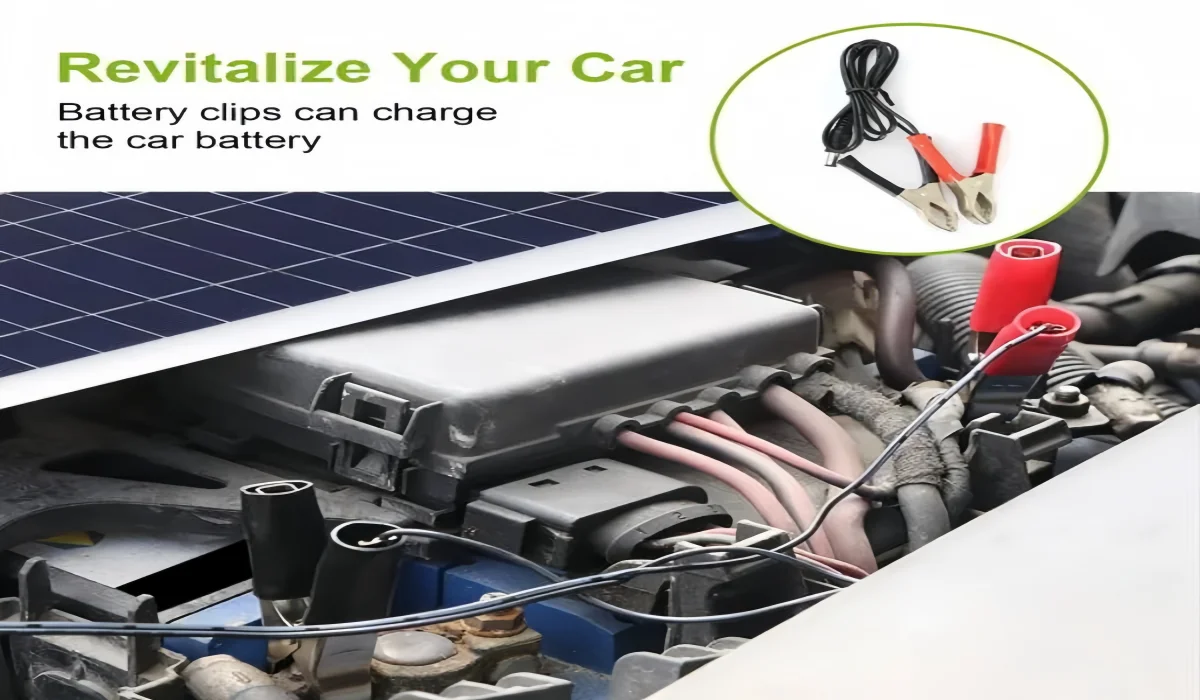 Panneau solaire portable avec pinces crocodile chargeant une batterie de voiture &agrave; l